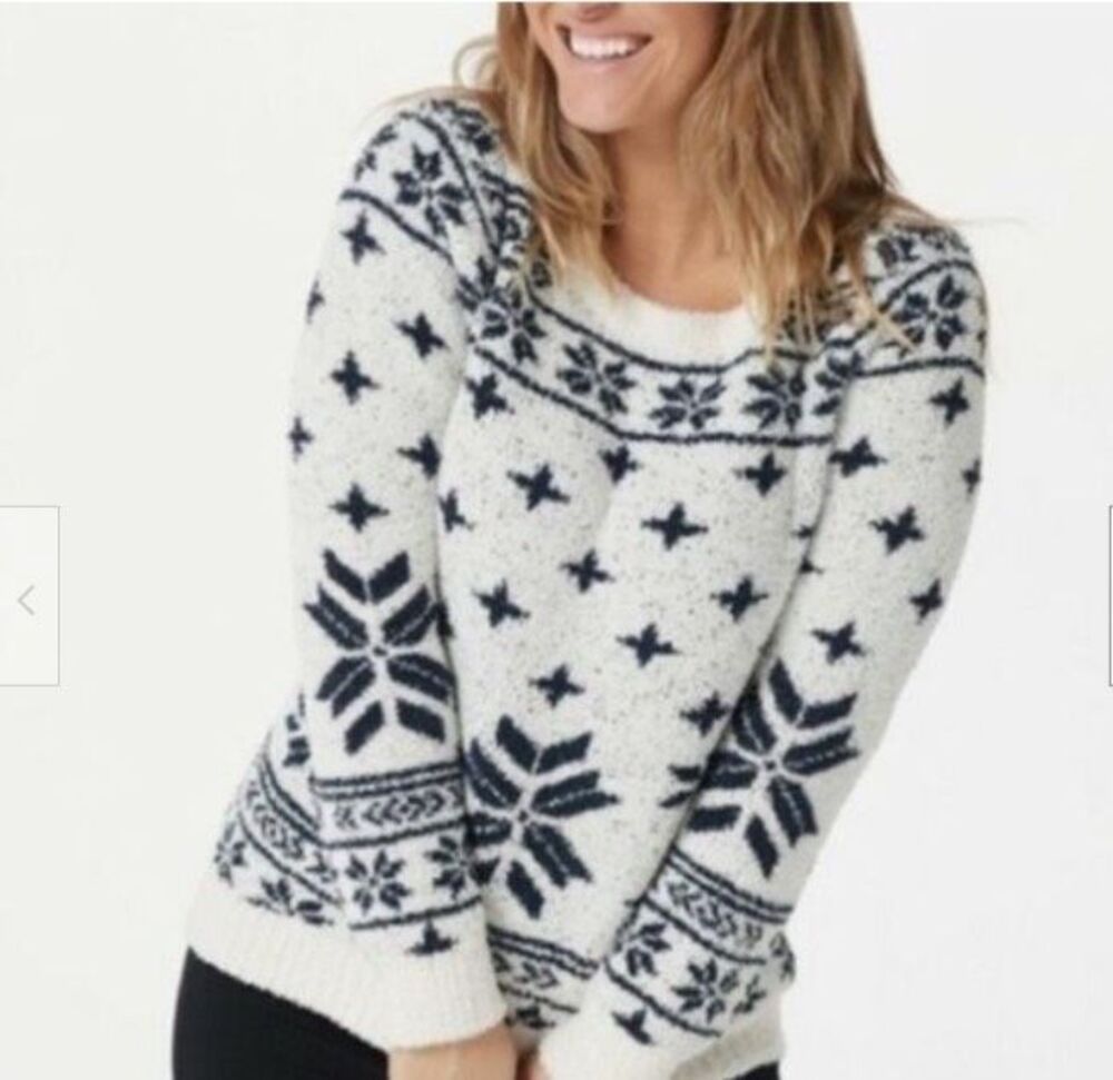 Barefoot Dreams Womens CozyChic Seaside Crew Neck Fair Isle Sweater Cream 1X NWT